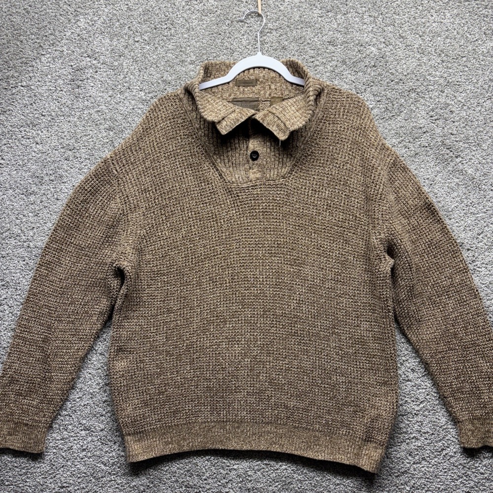 St Johns Bay Sweater Men 2XL Button Mock Neck Pullover Commando Classic Tan EUC